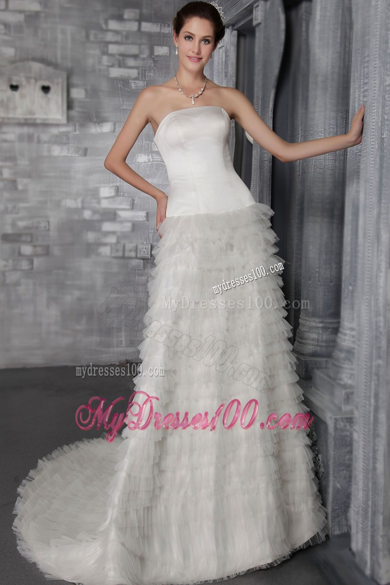 Romantic Sweetheart Strapless Sweep Train Zipper-up White Wedding Gown
