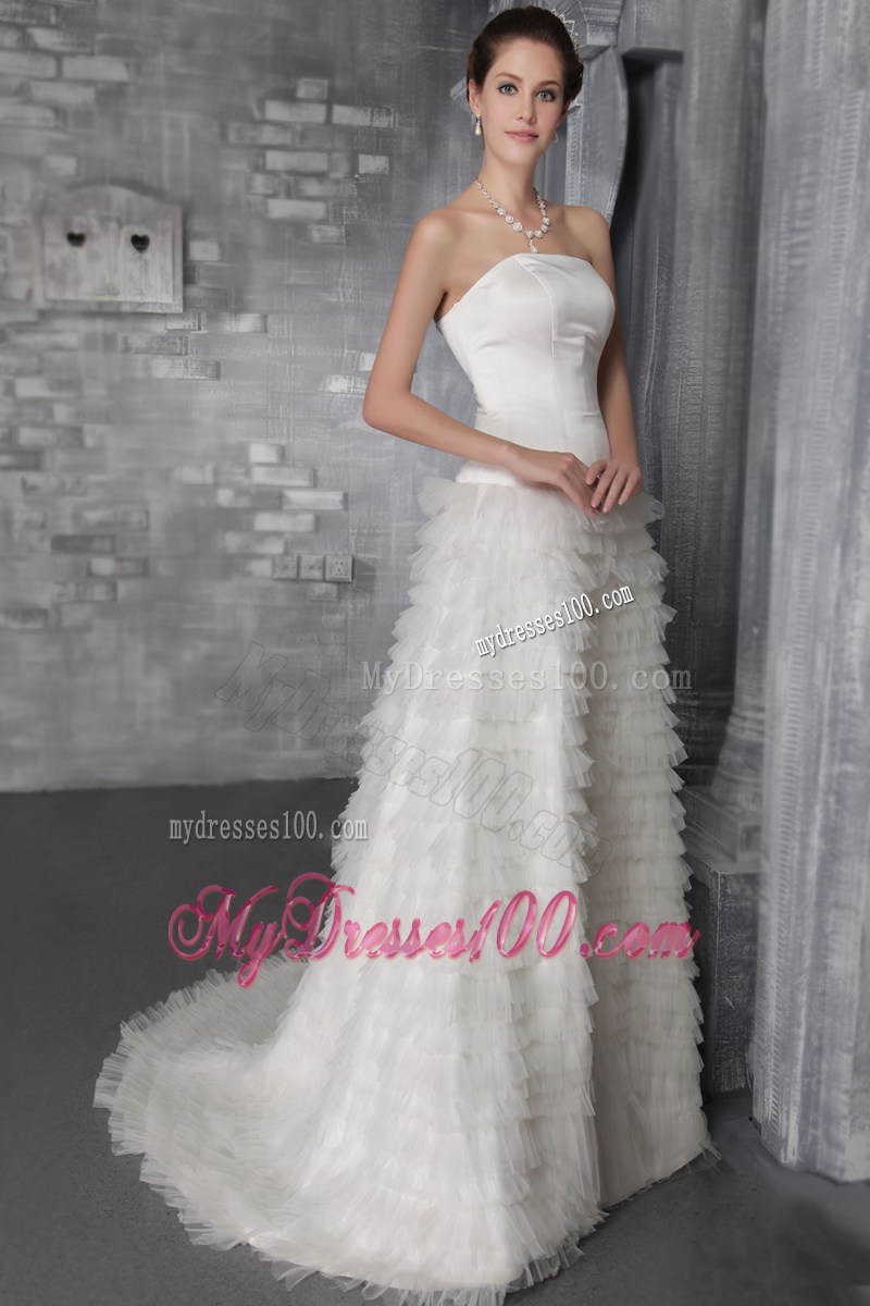 Romantic Sweetheart Strapless Sweep Train Zipper-up White Wedding Gown