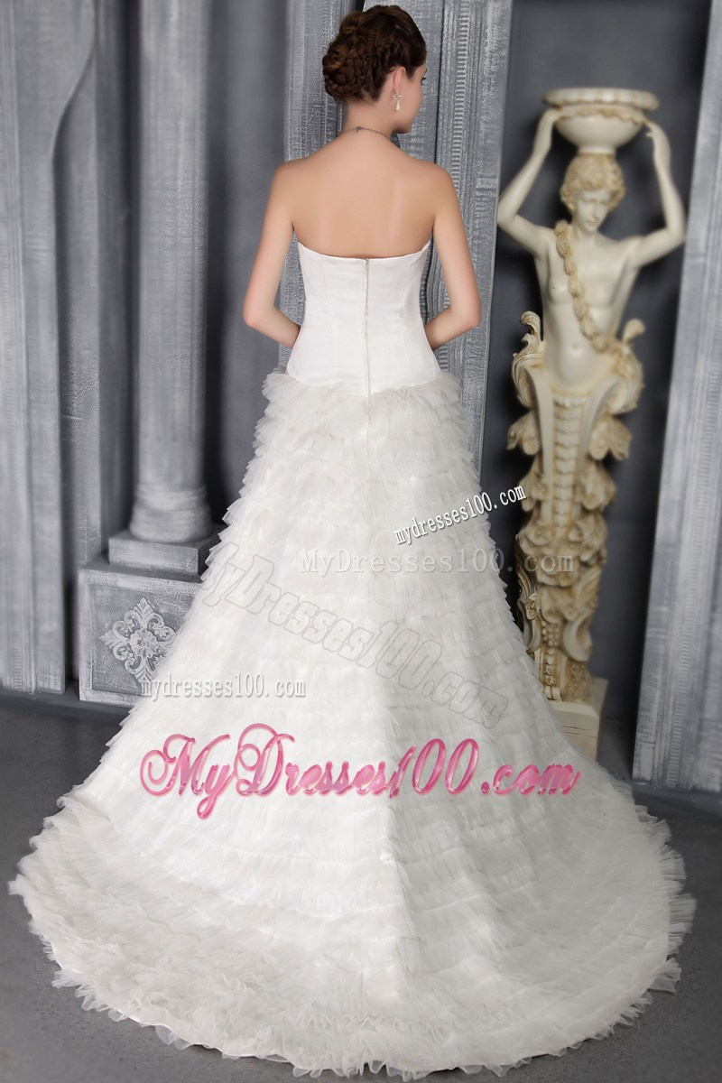 Romantic Sweetheart Strapless Sweep Train Zipper-up White Wedding Gown