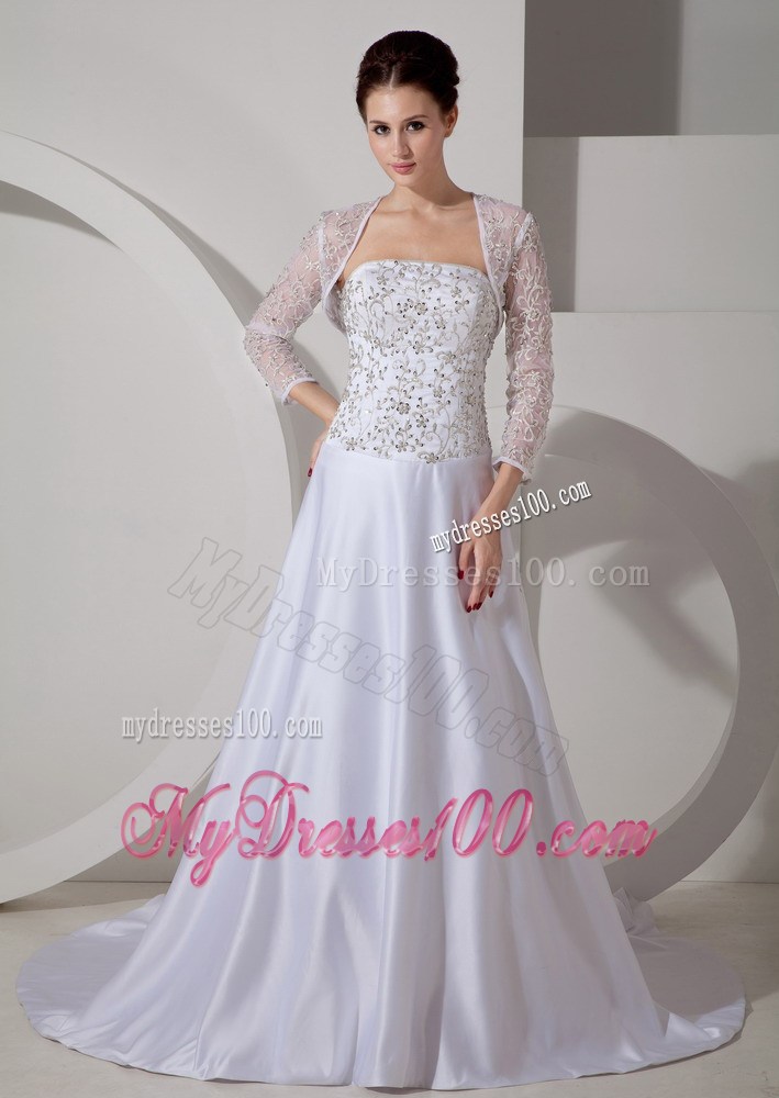 Beading Embroidery Sweep Train Wedding Dresses with 3 4 Sleeves Jacket