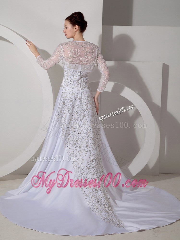 Beading Embroidery Sweep Train Wedding Dresses with 3 4 Sleeves Jacket