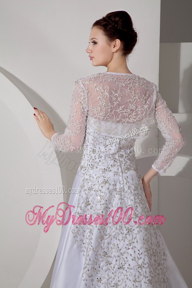 Beading Embroidery Sweep Train Wedding Dresses with 3 4 Sleeves Jacket