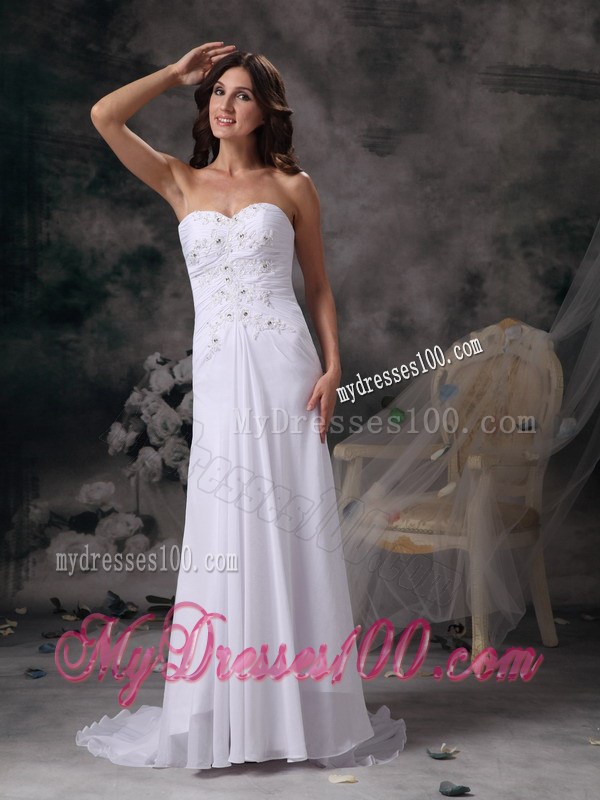 Simple Style Column Sweetheart Beaded White Wedding Dress Brush Train