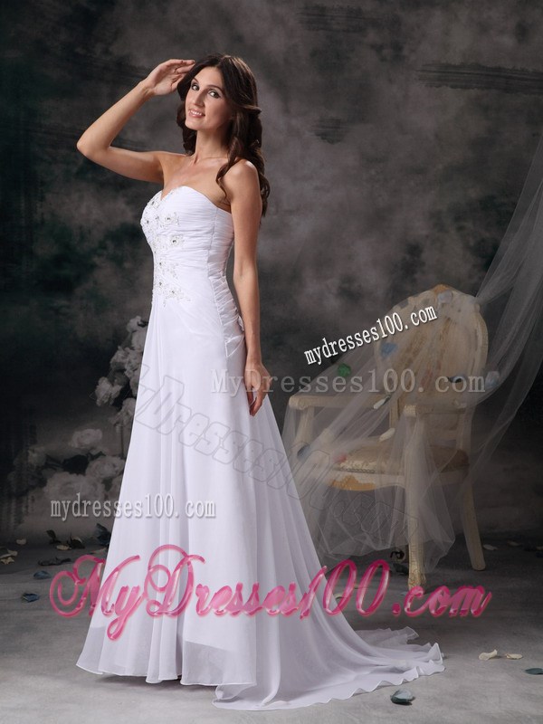 Simple Style Column Sweetheart Beaded White Wedding Dress Brush Train