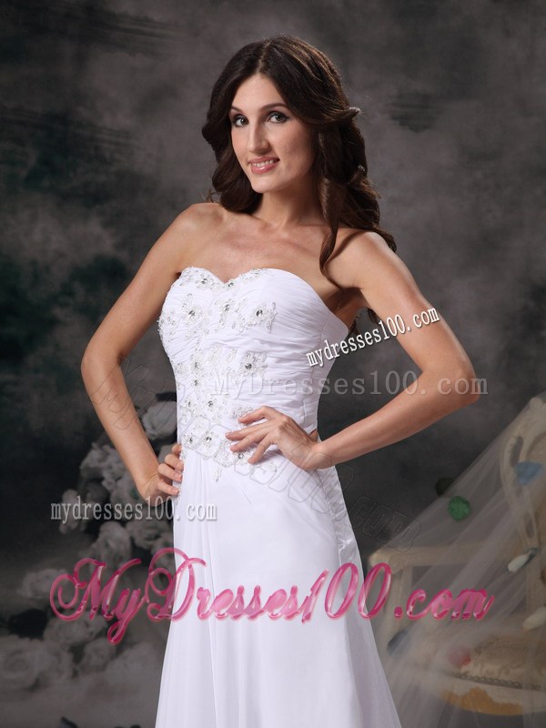 Simple Style Column Sweetheart Beaded White Wedding Dress Brush Train