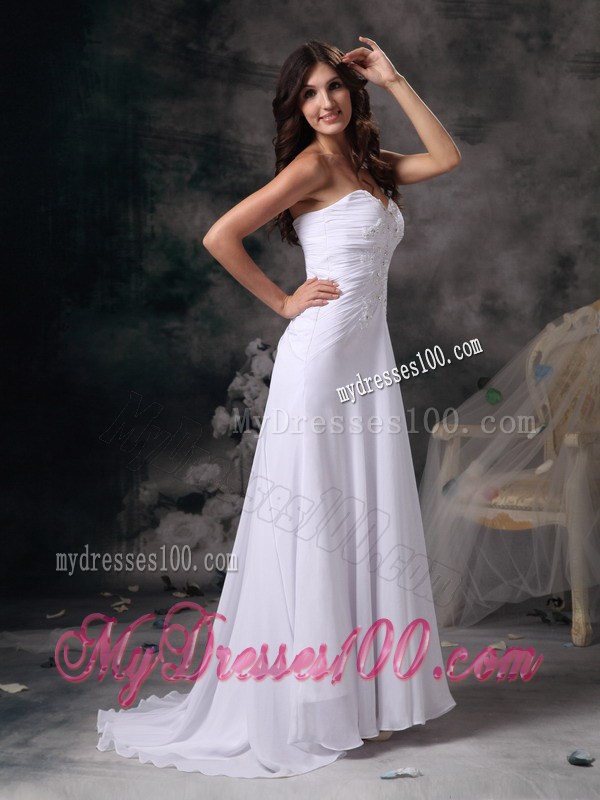 Simple Style Column Sweetheart Beaded White Wedding Dress Brush Train