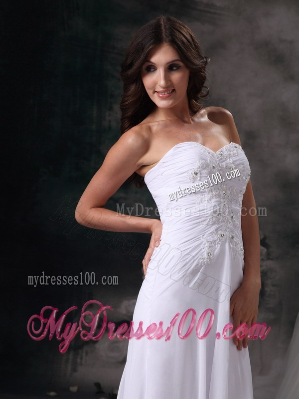 Simple Style Column Sweetheart Beaded White Wedding Dress Brush Train
