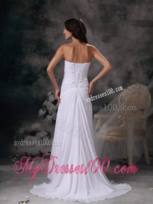 Simple Style Column Sweetheart Beaded White Wedding Dress Brush Train