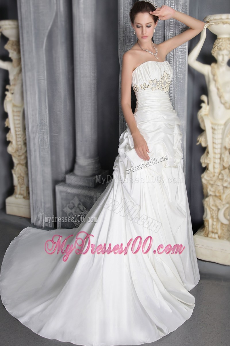 Floral Beaded Pick-ups Strapless Court Train White Wedding Gown