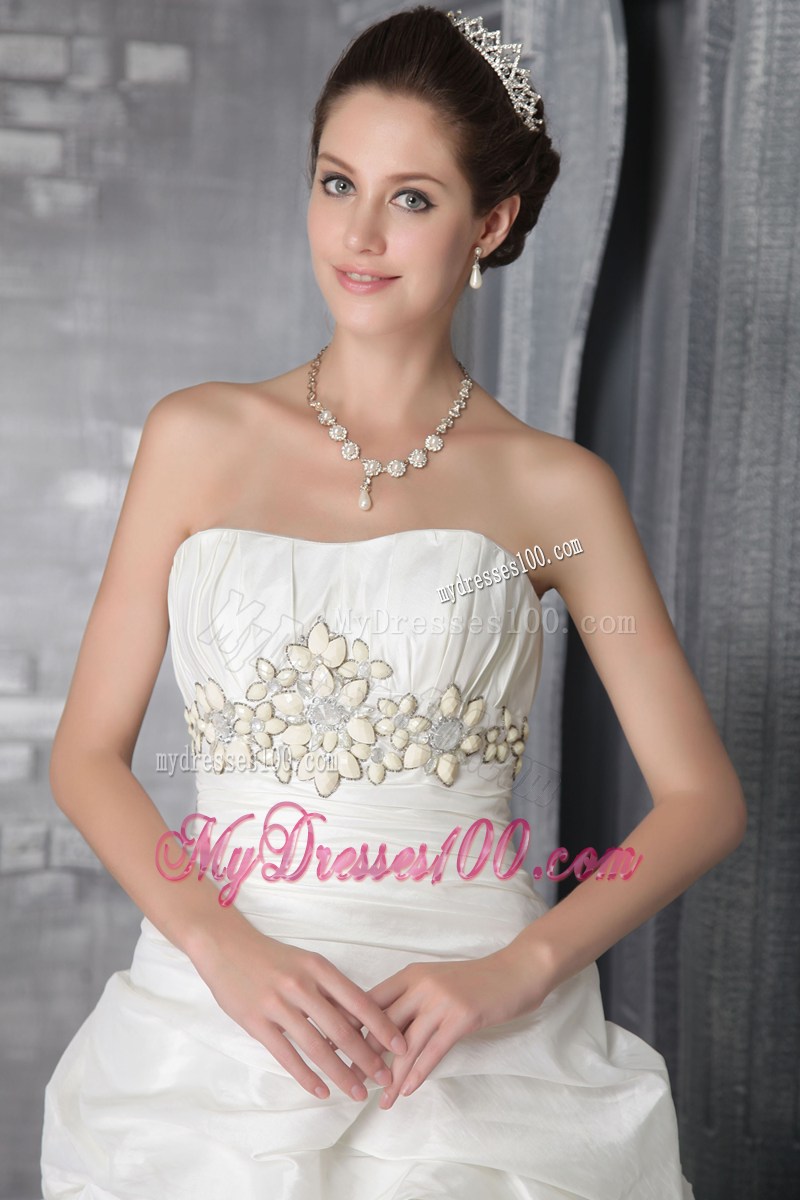 Floral Beaded Pick-ups Strapless Court Train White Wedding Gown