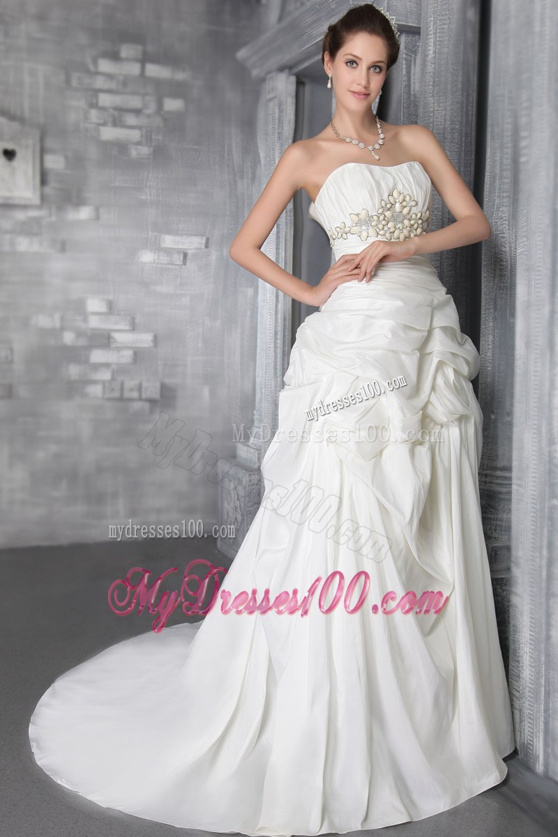 Floral Beaded Pick-ups Strapless Court Train White Wedding Gown