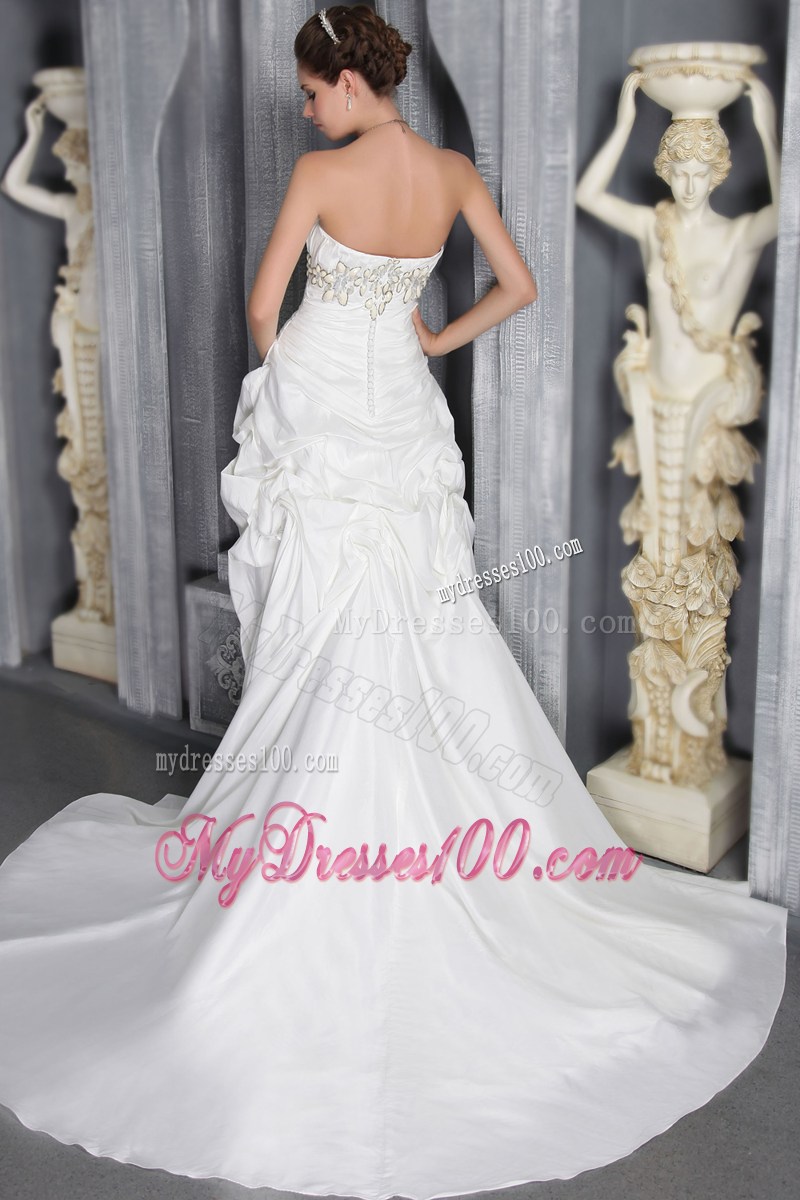 Floral Beaded Pick-ups Strapless Court Train White Wedding Gown