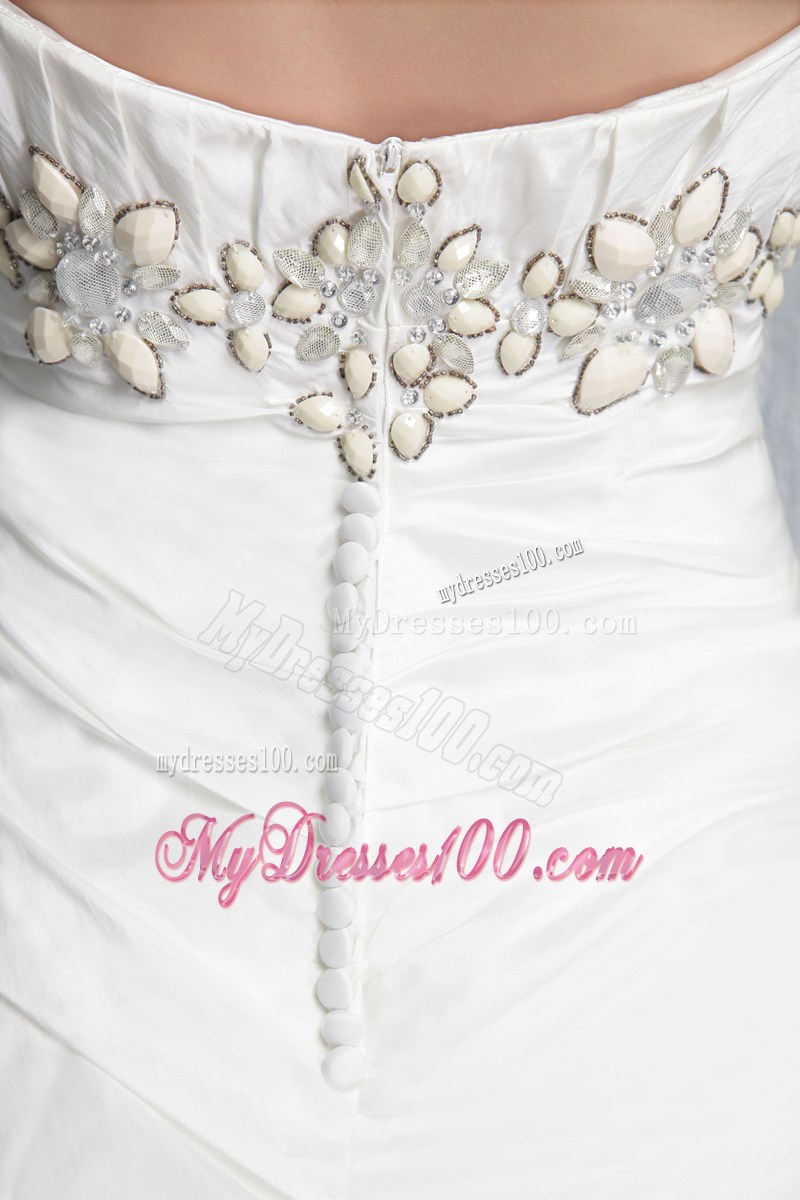 Floral Beaded Pick-ups Strapless Court Train White Wedding Gown