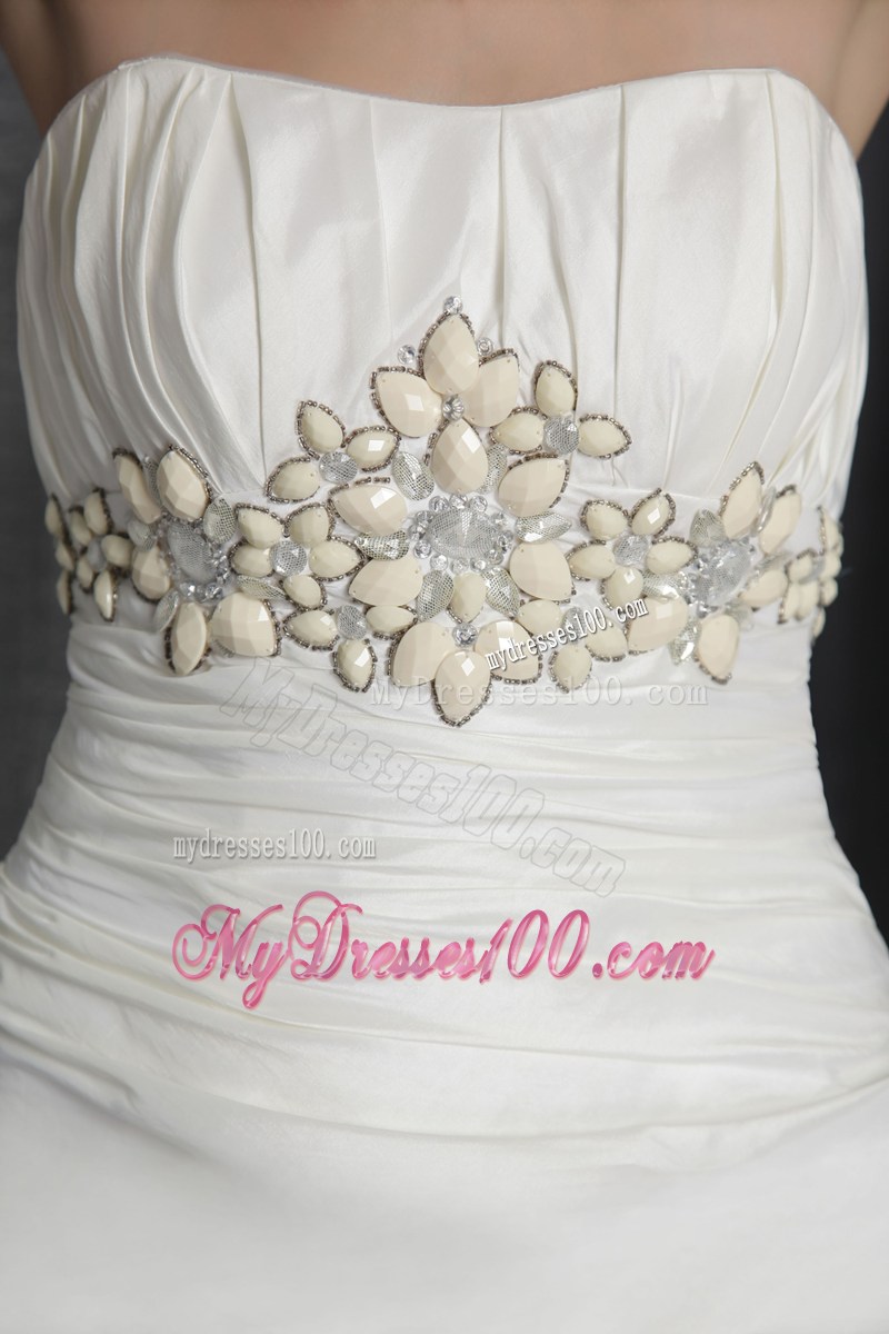 Floral Beaded Pick-ups Strapless Court Train White Wedding Gown