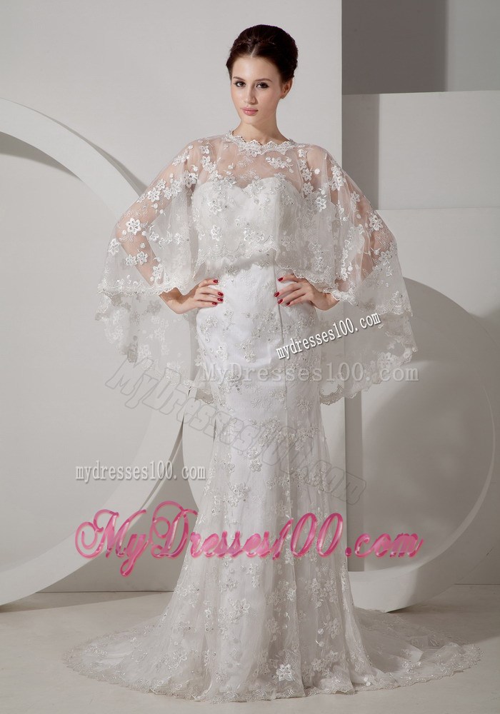 Mermaid Sweetheart Court Train Wedding Dresses with Lace Flowers Wraps