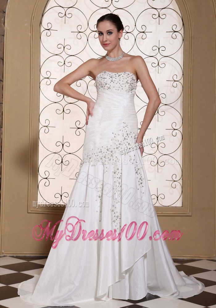 Ruched and Beaded Column Strapless Wedding Gown with Brush Train