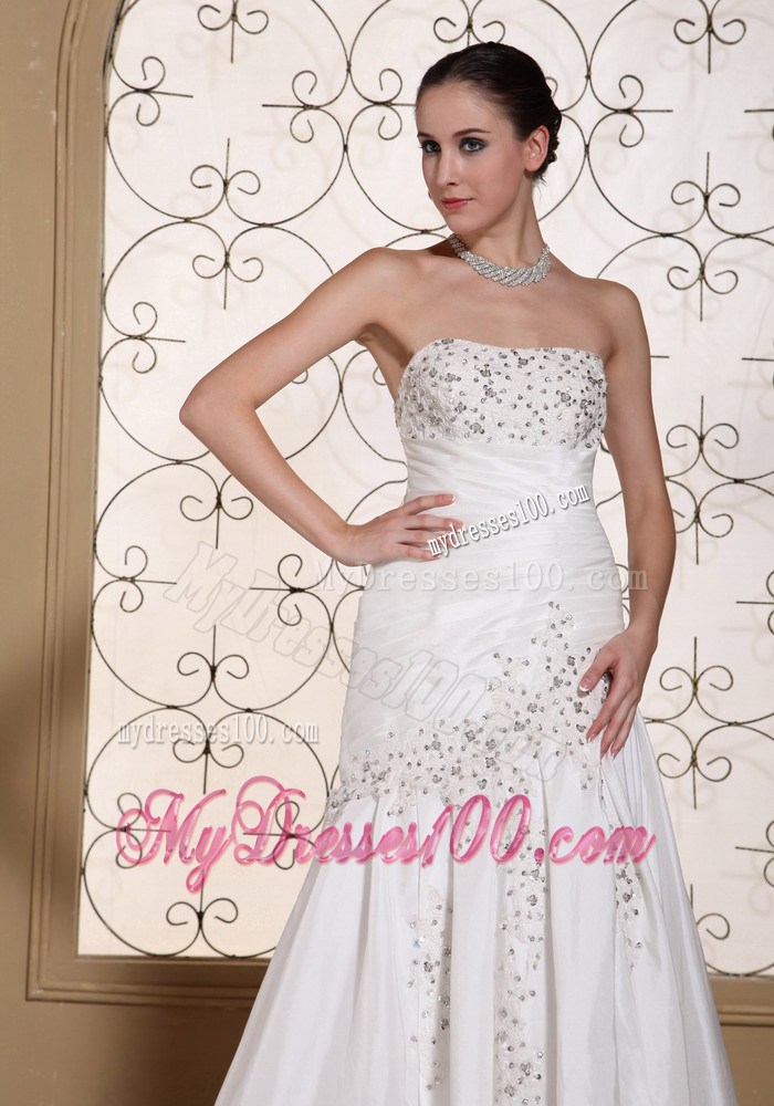 Ruched and Beaded Column Strapless Wedding Gown with Brush Train