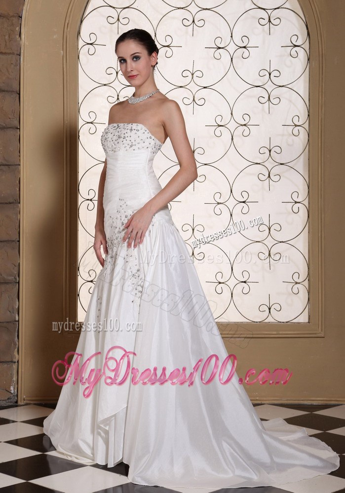 Ruched and Beaded Column Strapless Wedding Gown with Brush Train