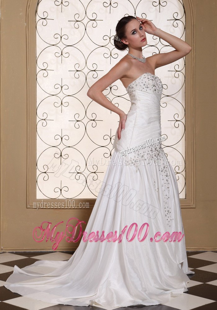 Ruched and Beaded Column Strapless Wedding Gown with Brush Train