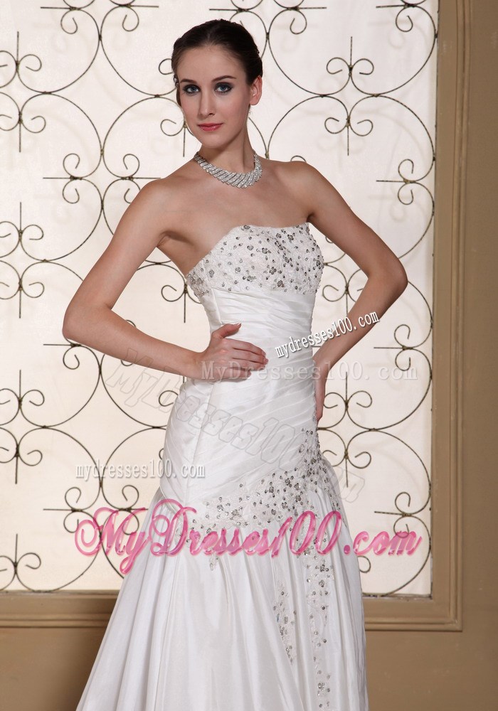 Ruched and Beaded Column Strapless Wedding Gown with Brush Train