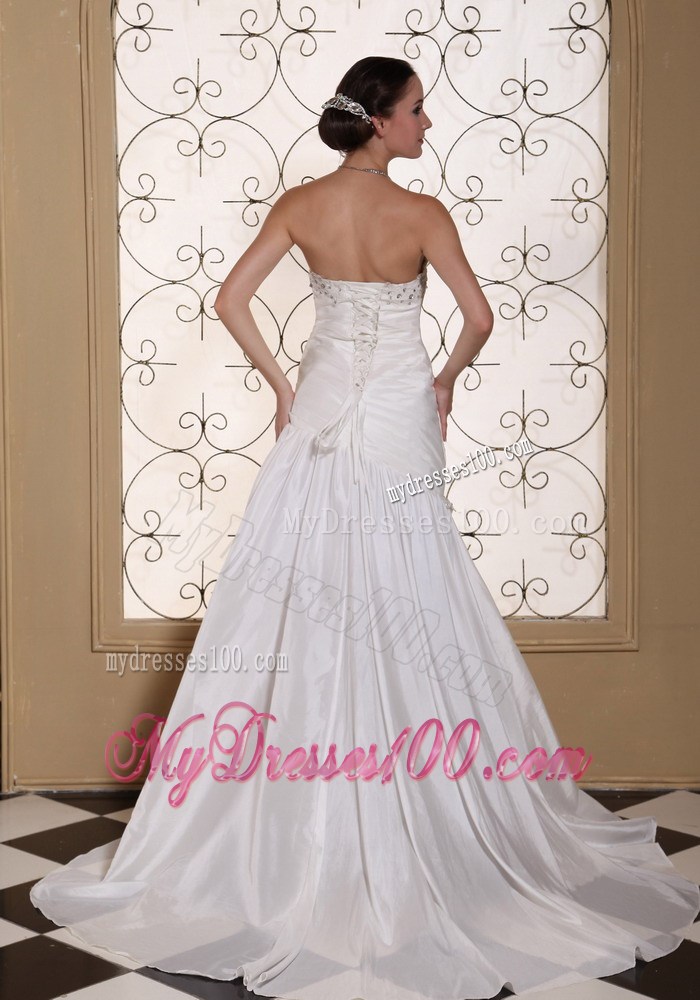 Ruched and Beaded Column Strapless Wedding Gown with Brush Train