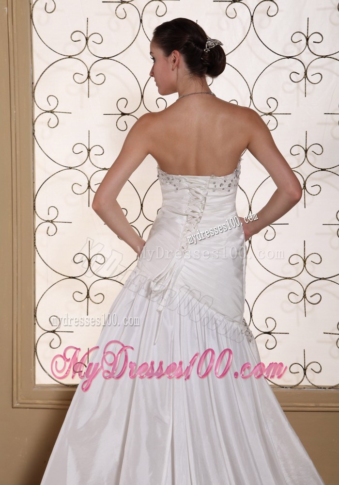 Ruched and Beaded Column Strapless Wedding Gown with Brush Train
