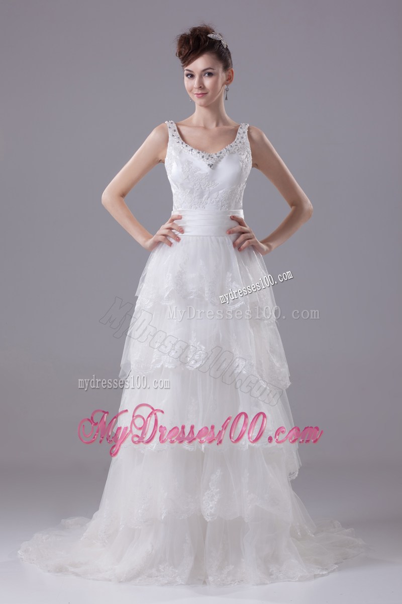 Straps Scoop Brush Wedding Dresses with Ruffled Layers and Beading