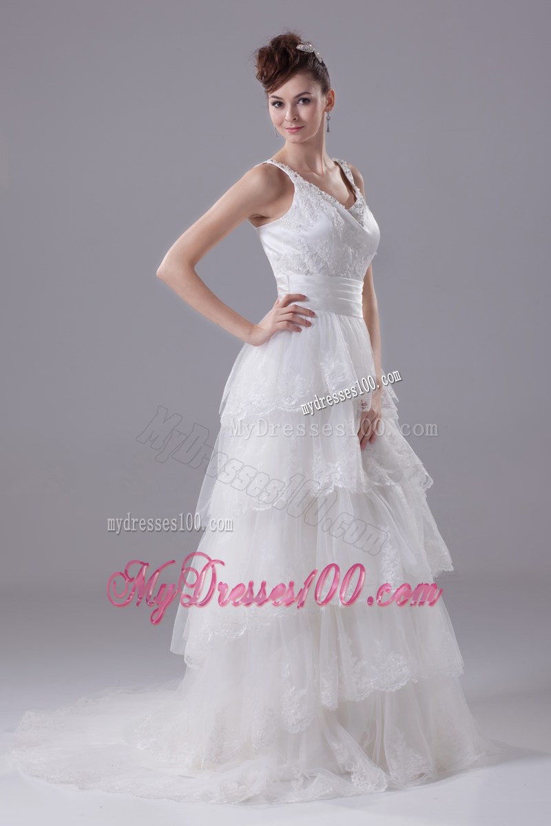 Straps Scoop Brush Wedding Dresses with Ruffled Layers and Beading
