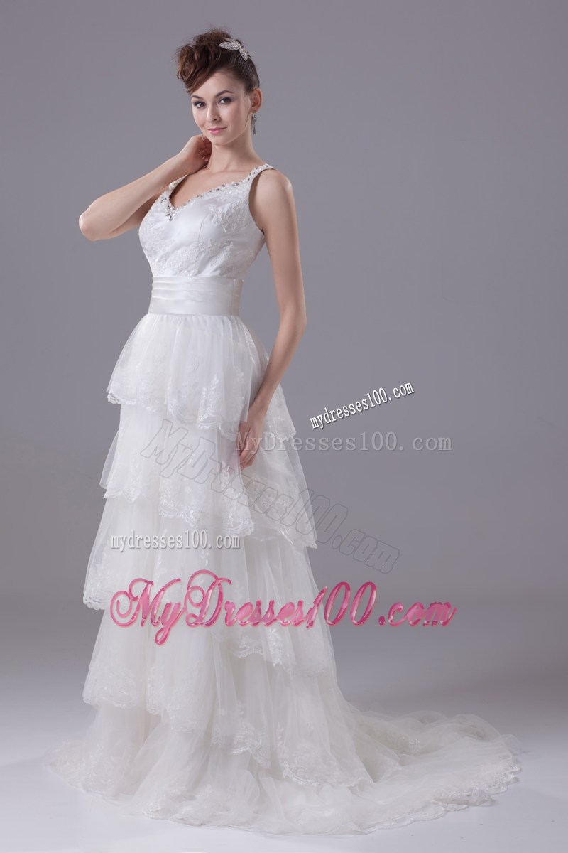 Straps Scoop Brush Wedding Dresses with Ruffled Layers and Beading