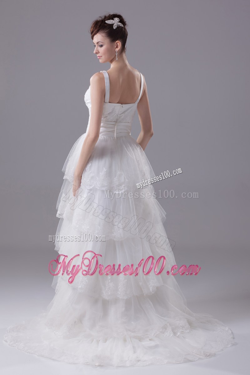 Straps Scoop Brush Wedding Dresses with Ruffled Layers and Beading
