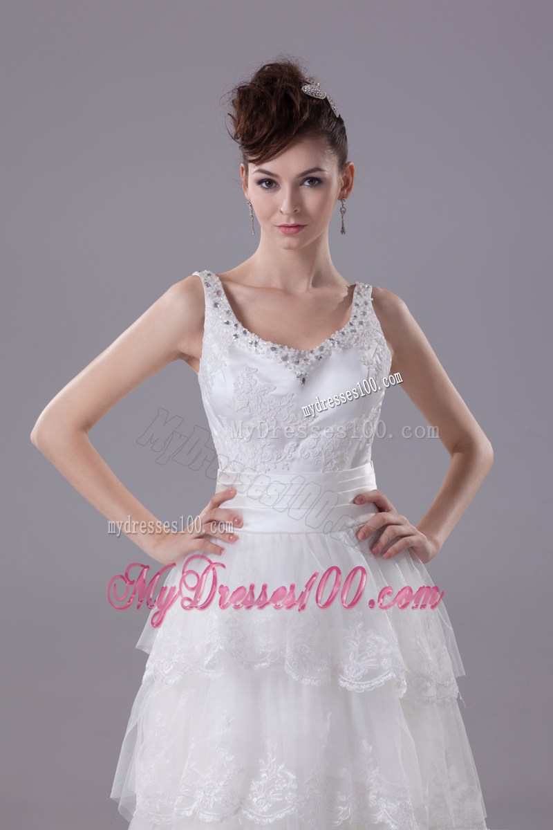 Straps Scoop Brush Wedding Dresses with Ruffled Layers and Beading