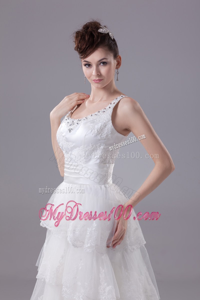 Straps Scoop Brush Wedding Dresses with Ruffled Layers and Beading