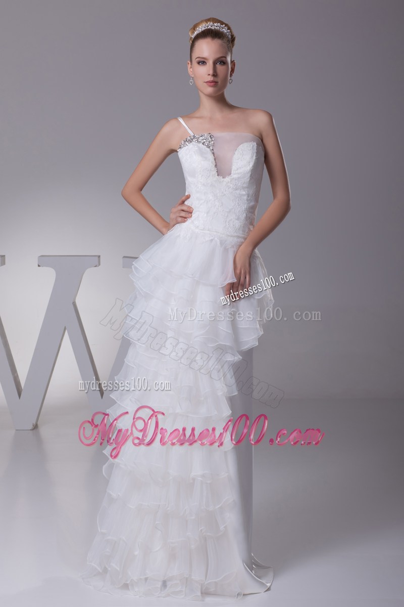 Asymmetrical Floor-length Ruffled Wedding Gown with Special Neckline