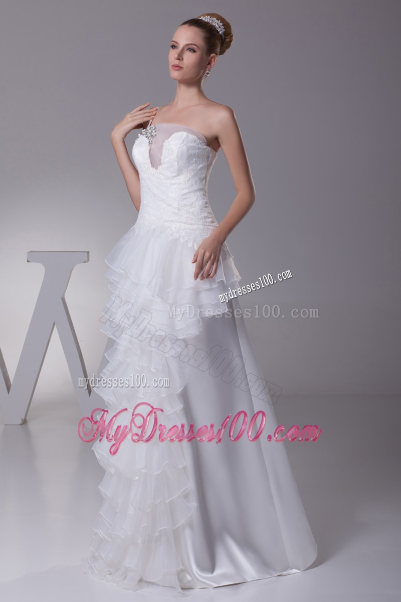 Asymmetrical Floor-length Ruffled Wedding Gown with Special Neckline