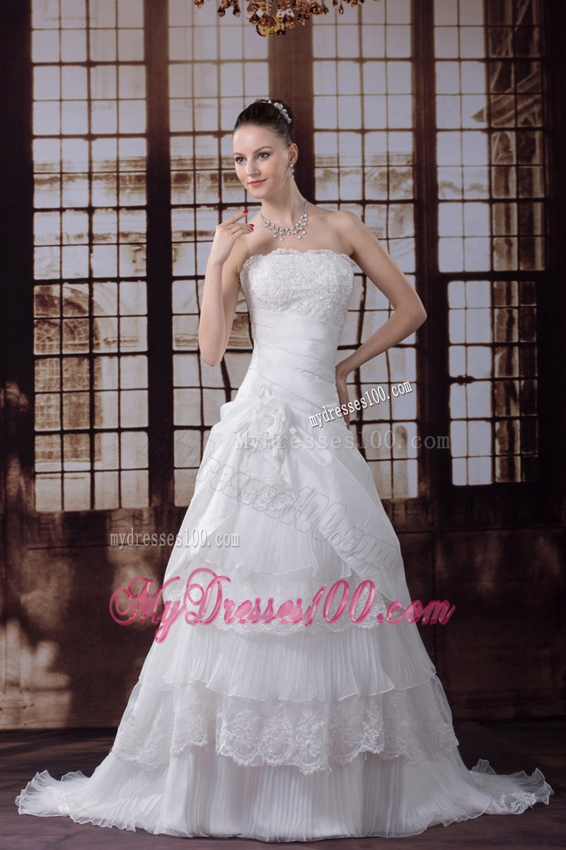 Ruffle Layers Strapless White Wedding Dress with Handmade Flower