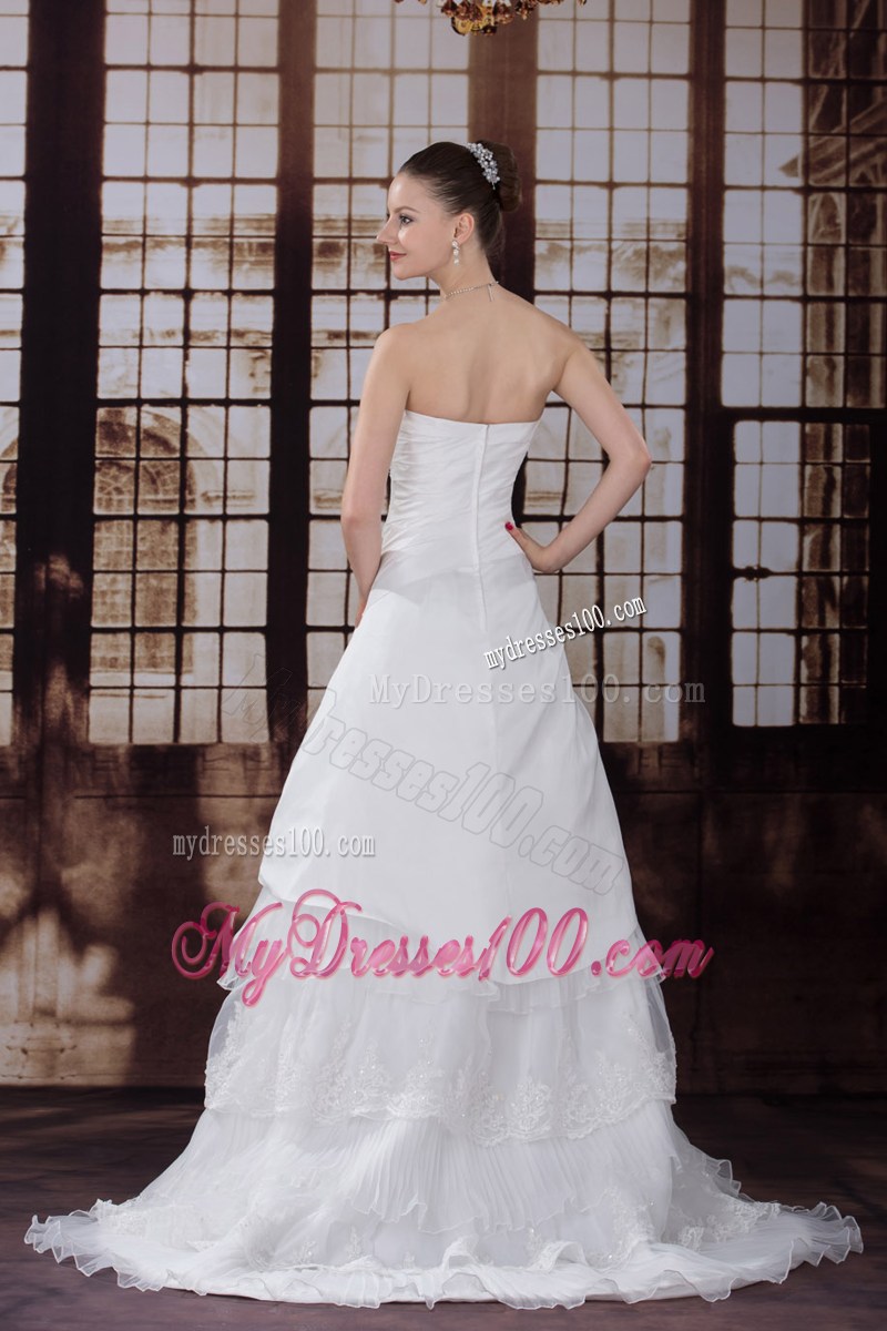 Ruffle Layers Strapless White Wedding Dress with Handmade Flower