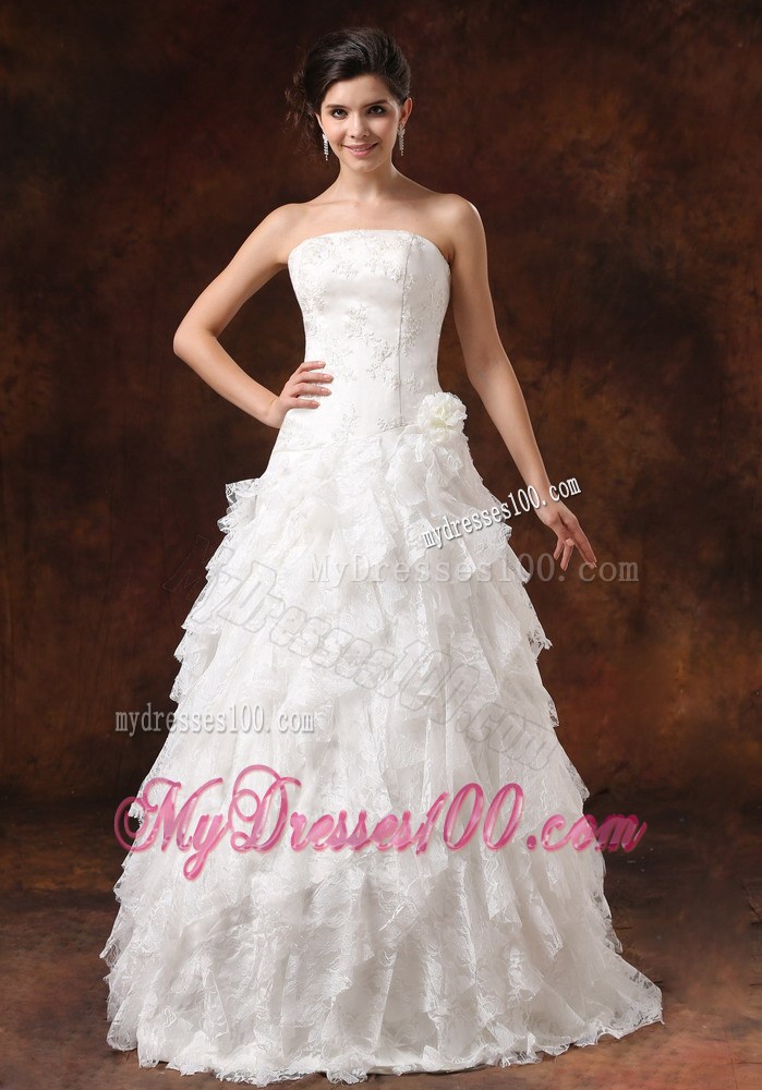 Ruffled Layers and Hand Made Flowers Decorated Wedding Dress