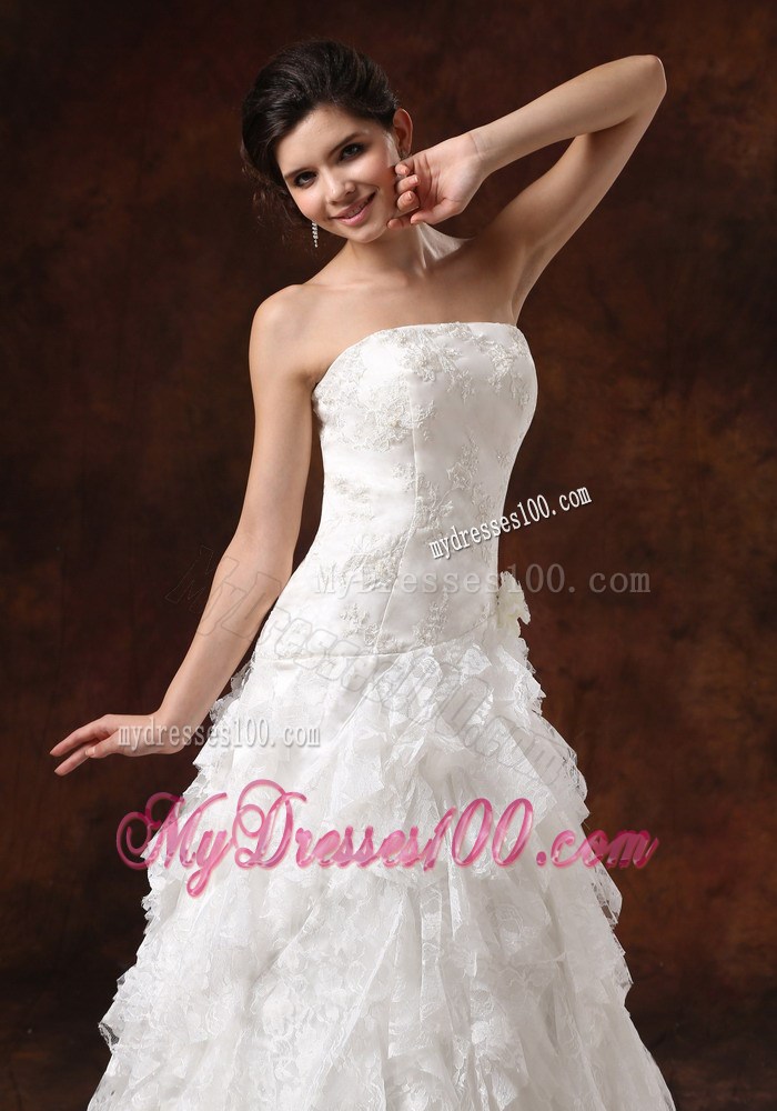 Ruffled Layers and Hand Made Flowers Decorated Wedding Dress