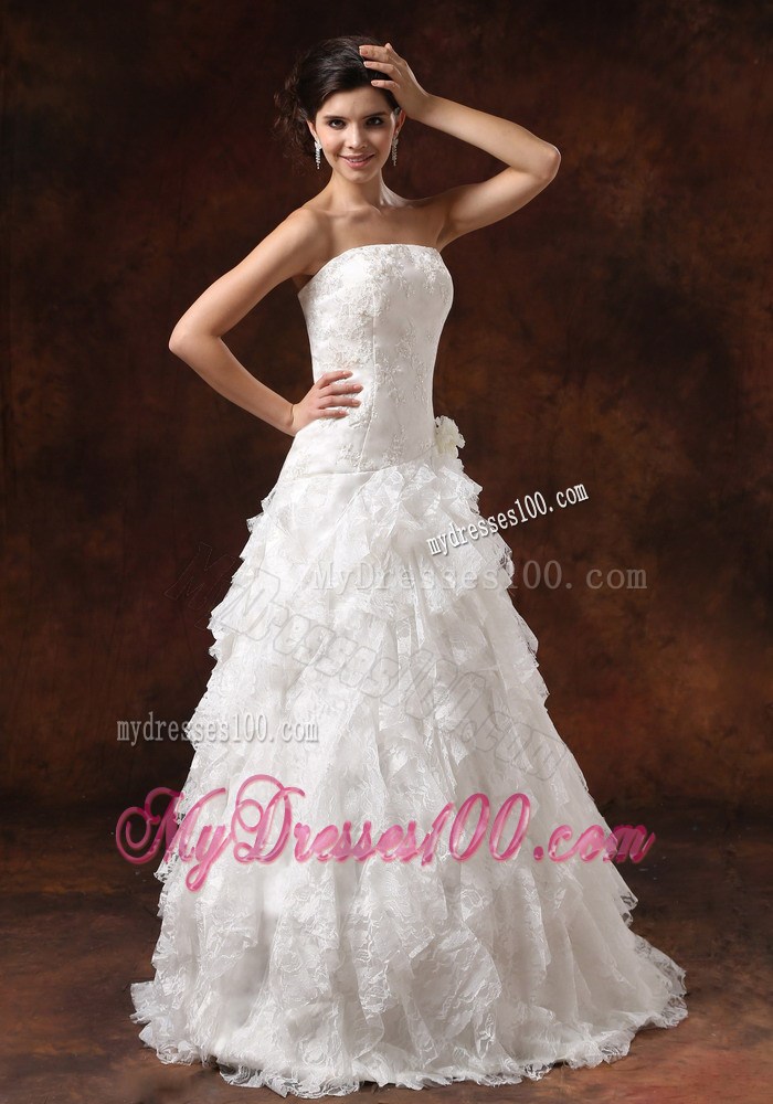 Ruffled Layers and Hand Made Flowers Decorated Wedding Dress