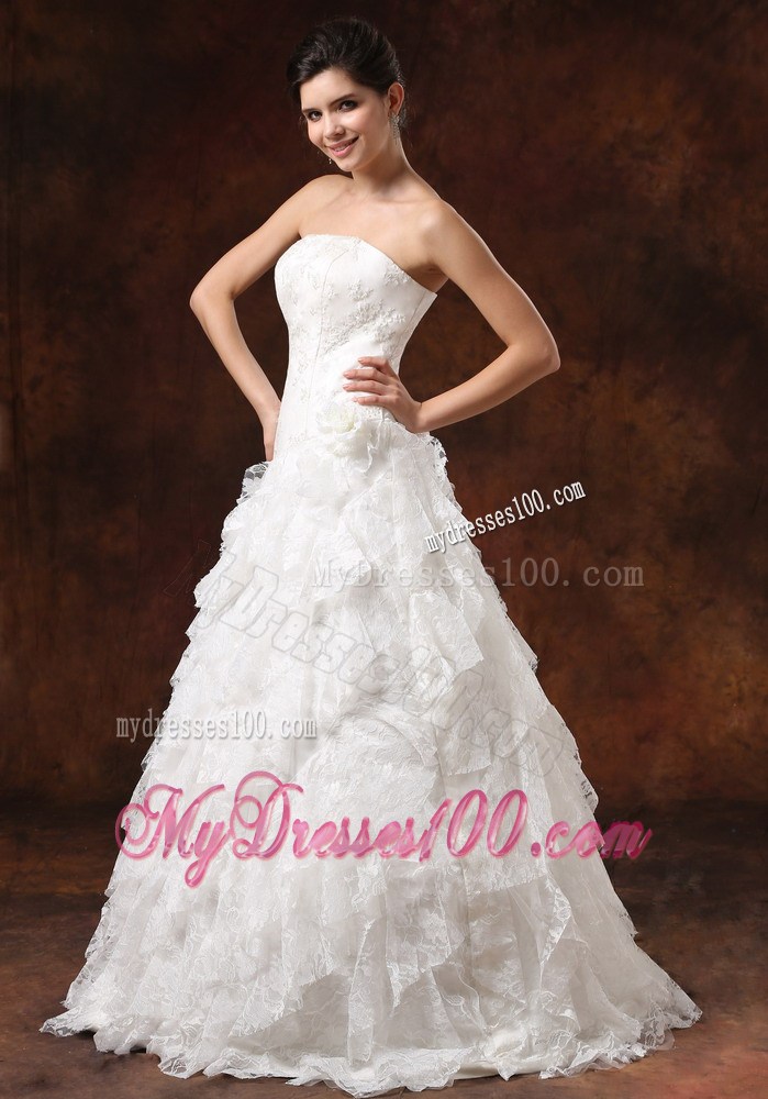 Ruffled Layers and Hand Made Flowers Decorated Wedding Dress