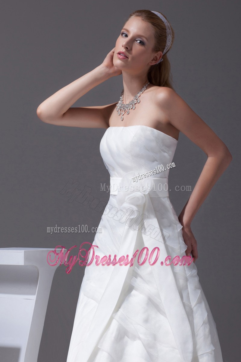 Flowery Sash and Ruches Organza Wedding Gown of Court Train 2013