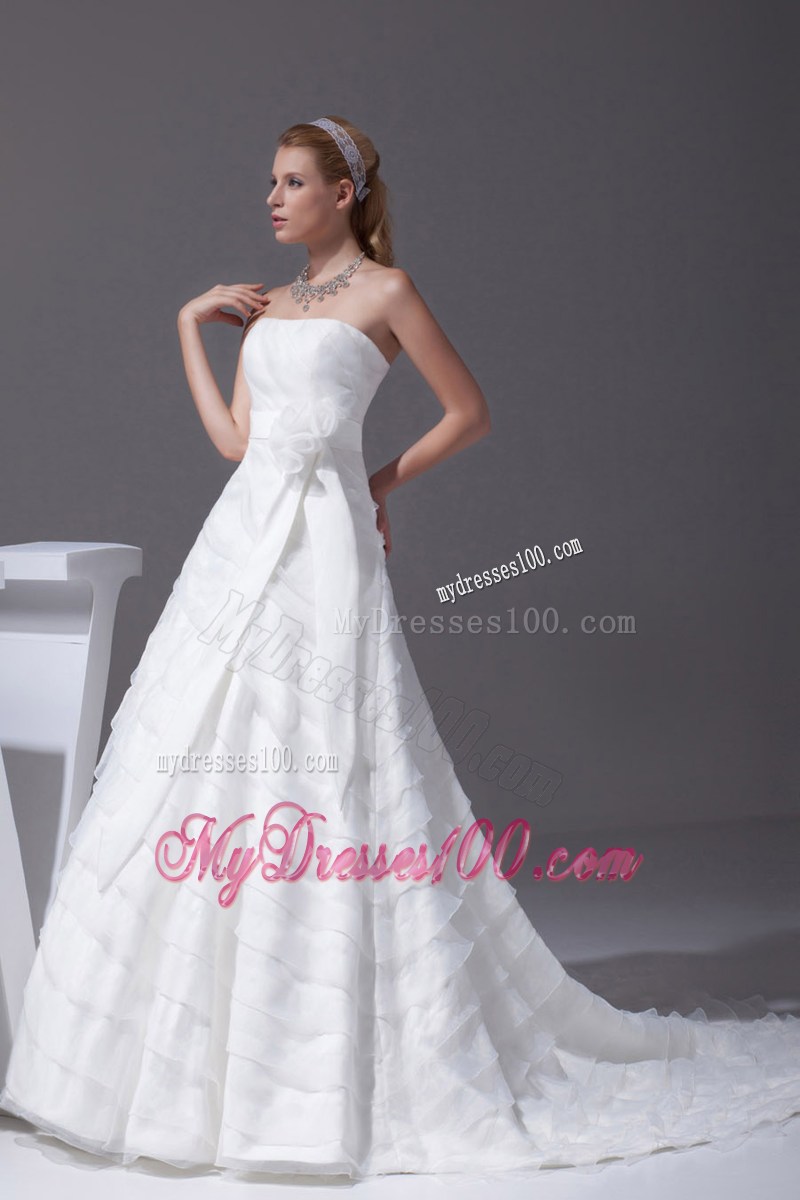 Flowery Sash and Ruches Organza Wedding Gown of Court Train 2013