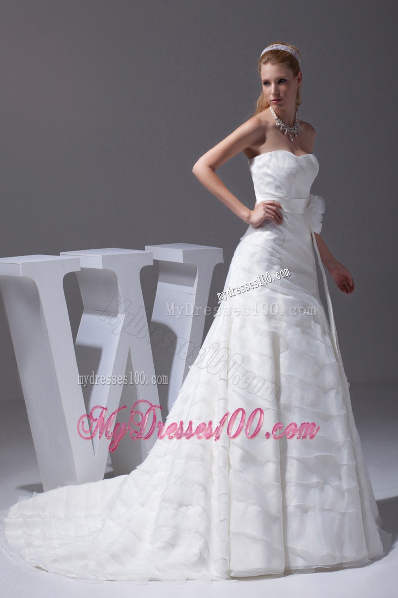 Flowery Sash and Ruches Organza Wedding Gown of Court Train 2013