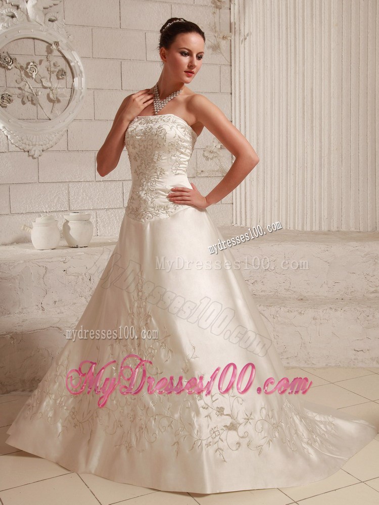 Fabulous Champagne Strapless Embroidery Court Train Wedding Dress