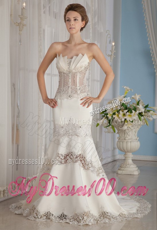 Sexy Mermaid Transparent Waist Lace Court Train Wedding Dress