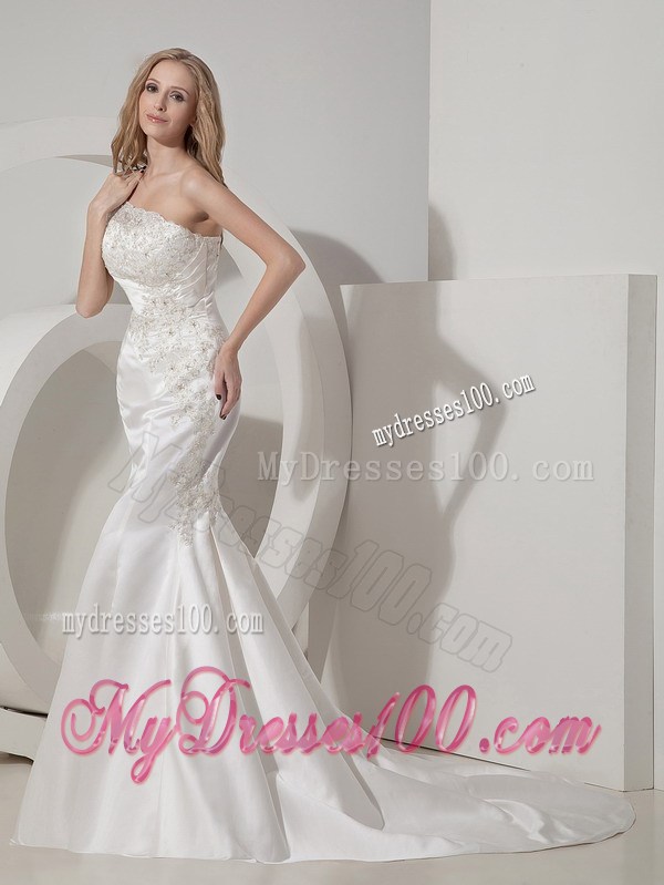 Lace Flowers Single Shoulder Beading Trumpet Brush Train Wedding Gowns