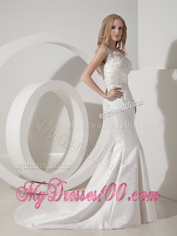 Lace Flowers Single Shoulder Beading Trumpet Brush Train Wedding Gowns