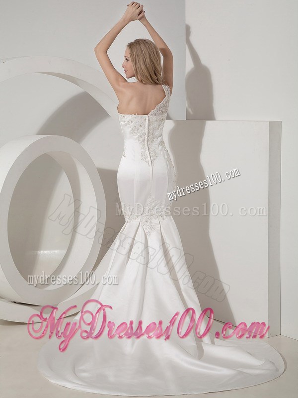 Lace Flowers Single Shoulder Beading Trumpet Brush Train Wedding Gowns