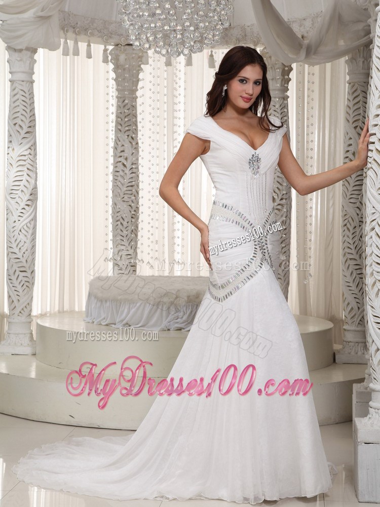 Cap Sleeves Jewelries and Ruching Brush Train Mermaid Wedding Dress
