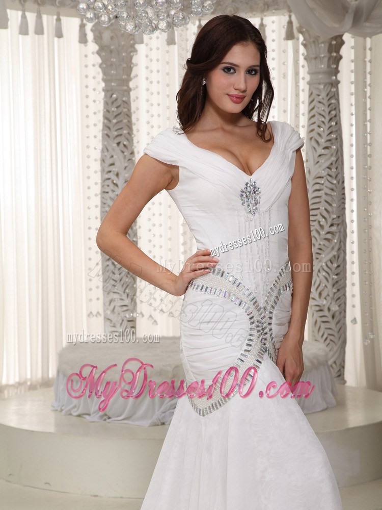Cap Sleeves Jewelries and Ruching Brush Train Mermaid Wedding Dress